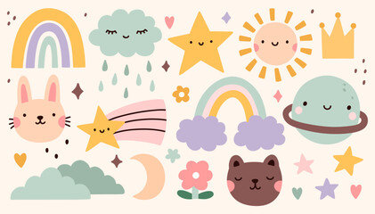 A set of cute children's doodles - rainbow, stars, clouds, sun, animals and other. Vector hand-drawn illustration in flat style. Perfect for decorations, print, various designs.