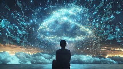 Obraz premium Person Accessing Glowing Data Cloud with Manipulating Patterns around Them Cloud Computing Concept