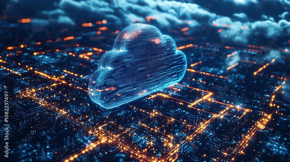 Poster futuristic cloud computing cityscape with secure digital connections