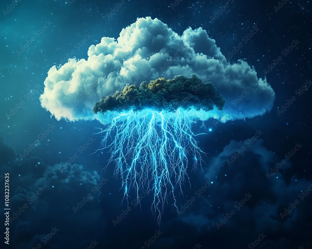 Poster floating cloud data center with branching glowing network backbone