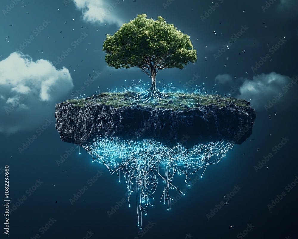 Poster floating cloud data center with glowing network roots in the sky
