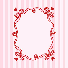 Frame of coquette pretty charming bows and hearts on striped background. Hand drawn trendy ribbons border. Vintage bowknots frame for greeting cards, wedding, invitations, social media