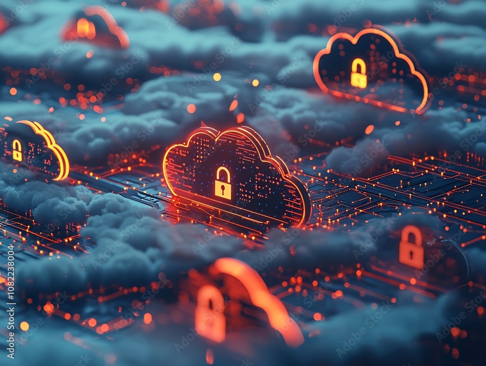 Aufkleber a secure cloud network with glowing digital locks and firewalls