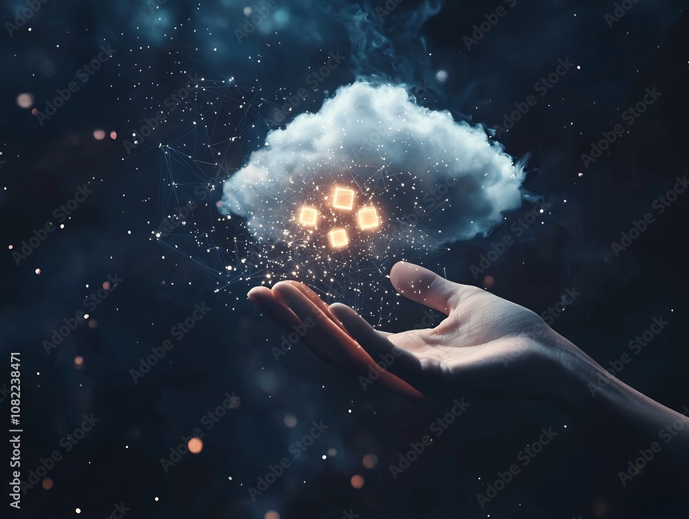 Poster human hand reaching into digital cloud to retrieve glowing data blocks symbolizing cloud computing a