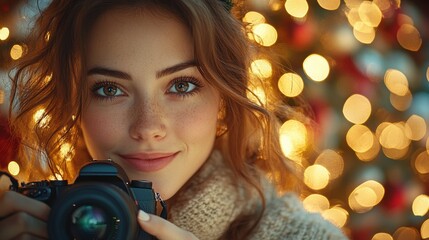 Capturing the Festive Spirit: A young woman with warm brown eyes gazes directly at the camera, holding a DSLR camera in front of her face. Her expression is soft and genuine.