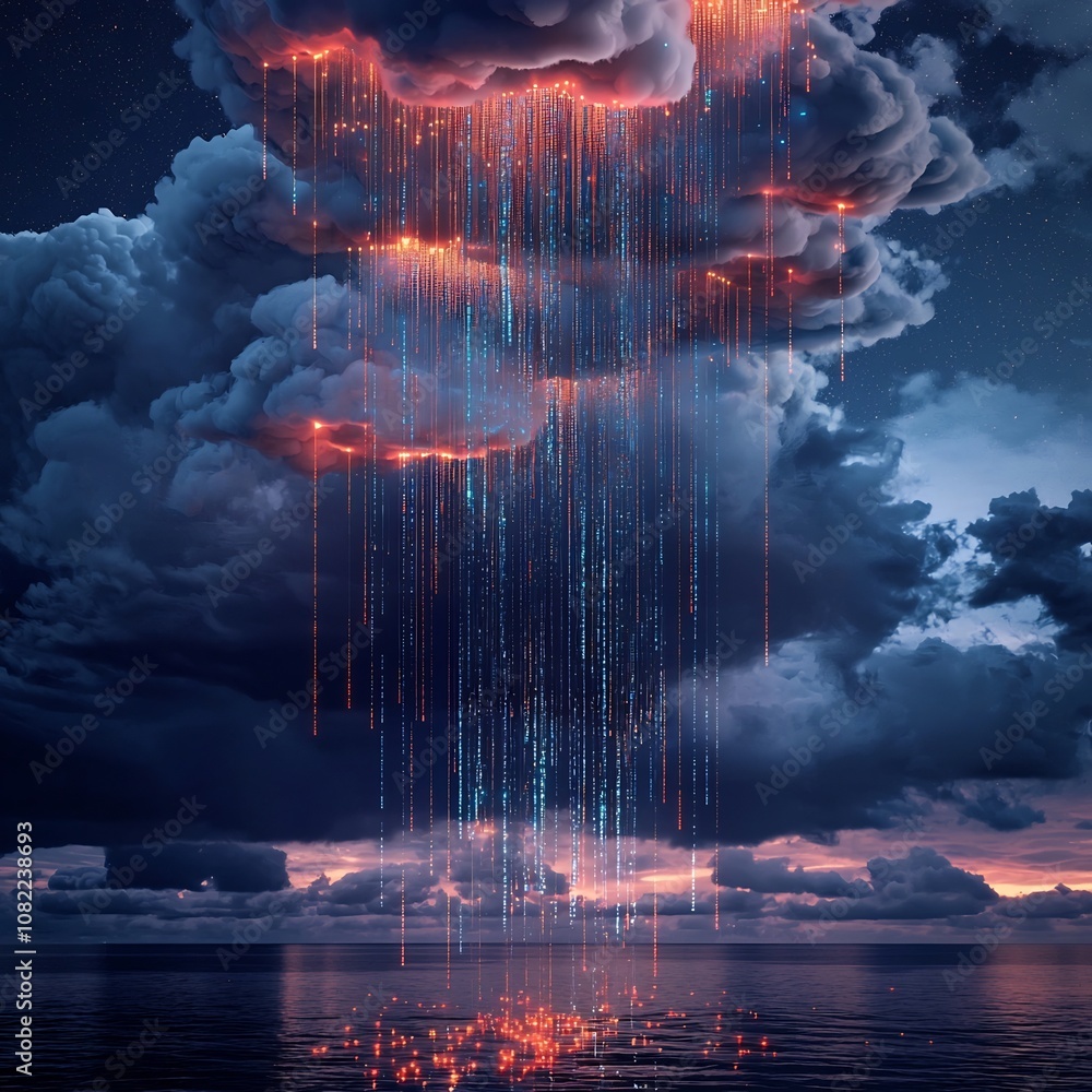 Poster scalable cloud computing services suspended among dramatic cloudy skies and glowing streams of code