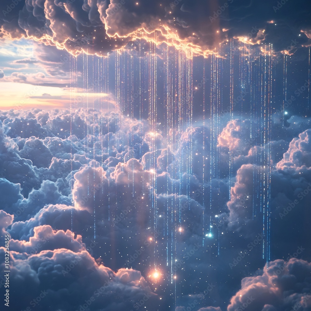 Poster suspended server farm among glowing clouds symbolizing scalable cloud computing services