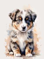 Cute Australian Shepherd Puppy Watercolor Artwork