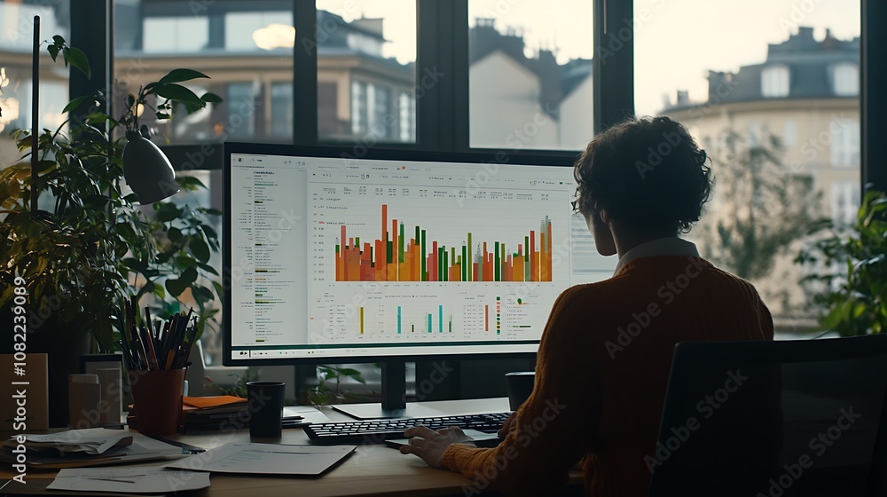 Poster a person analyzing colorful data visualizations on a large screen in an office setting.