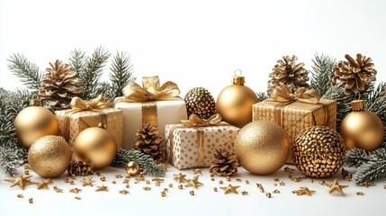 Golden Christmas Ornaments and Gifts on White Background