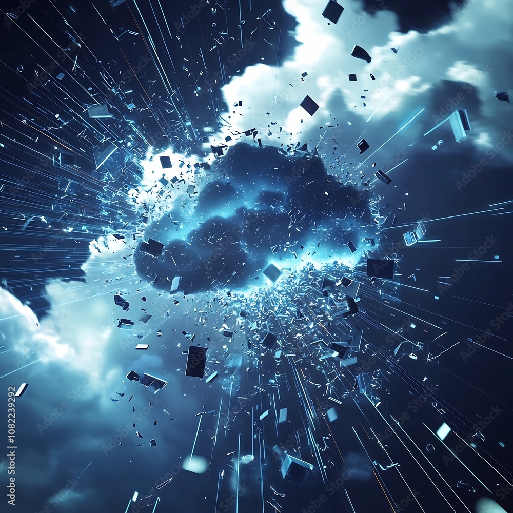 Aufkleber glowing cloud data fragments bursting towards connected devices in an abstract computing visualizati