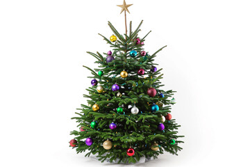 A lush green Christmas tree adorned with colorful baubles and a shining star on top, set on a clean white backdrop.