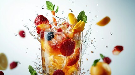 A refreshing fruity drink splashes in a glass, featuring strawberries, lemons, and mint, creating a vibrant and invigorating scene.