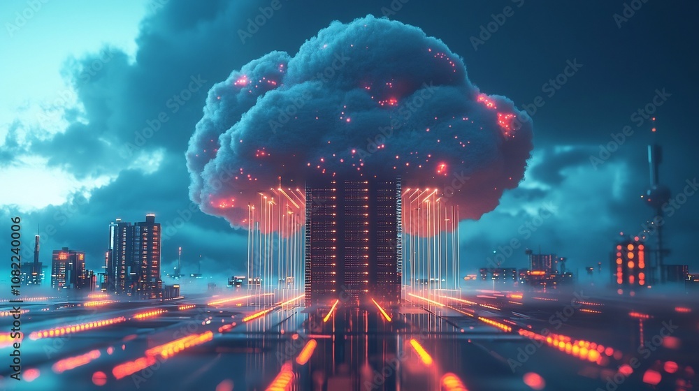 Poster floating server rack cloud powering interconnected industries in technological utopia