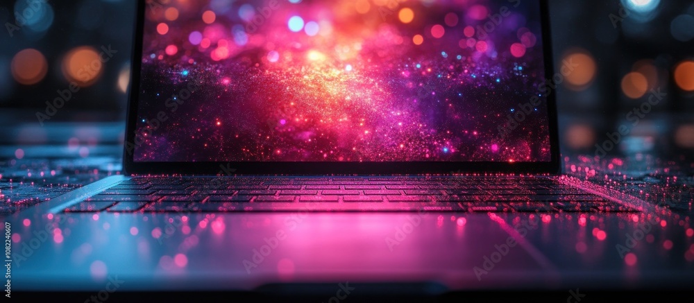 Poster close up of a laptop keyboard with colorful bokeh lights in the background.