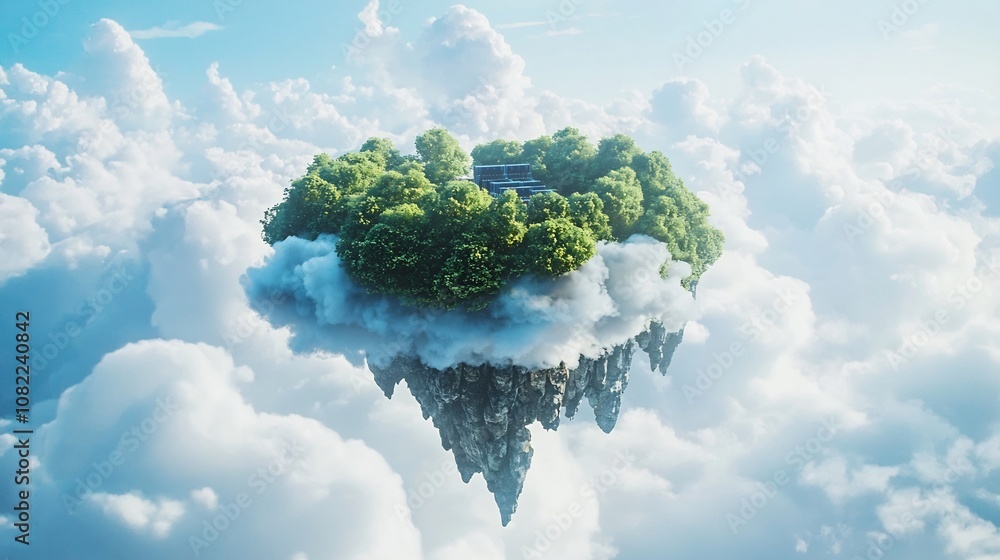 Poster floating island of servers hovering in the digital sky symbolizing decentralized cloud computing con