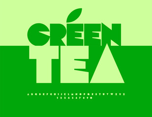 Vector healthy badge Green Tea with decorative Leaf. Modern Artistic Font. Decorative Alphabet Letters and Numbers set. 
