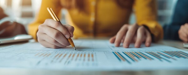 A person analyzing graphs and data on paper, taking notes with a pen, highlighting their focus on a business or academic project.