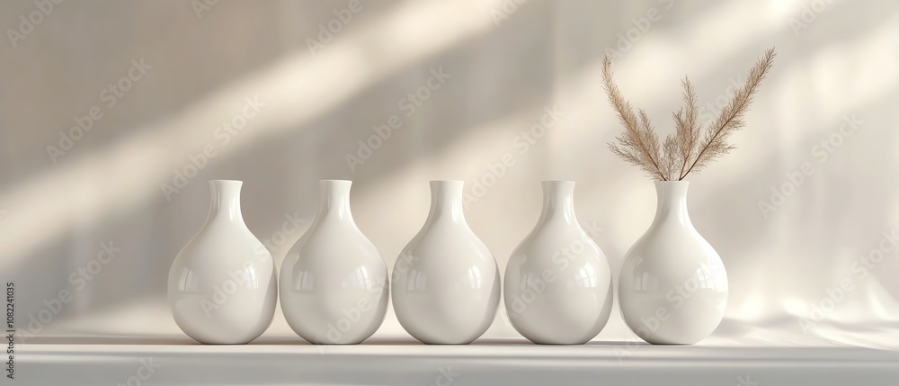 Poster minimalist white vases on shelf with soft lighting and shadows.
