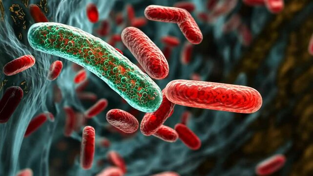 Microscopic view of bacteria showcasing vibrant red and green colors in a detailed scientific illustration