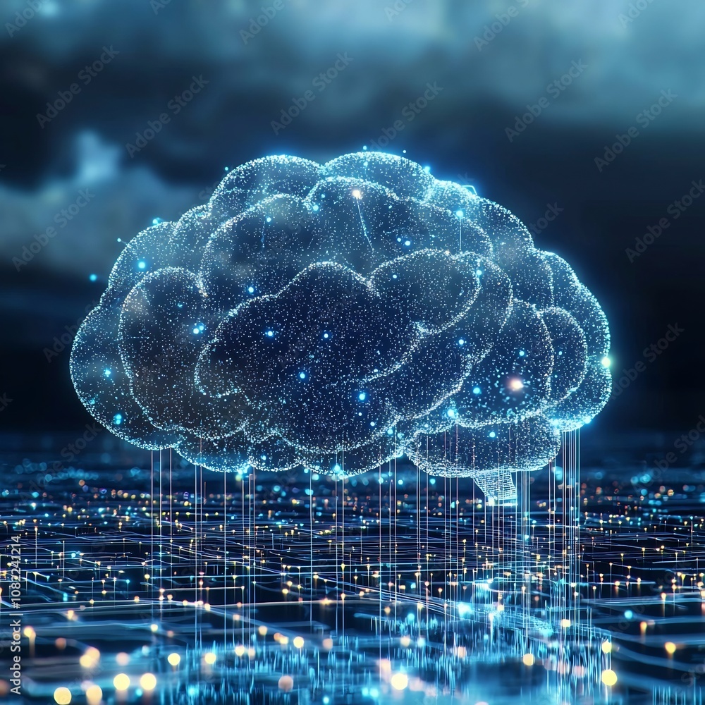 Poster futuristic brain connected to data cloud representing and cloud technology convergence