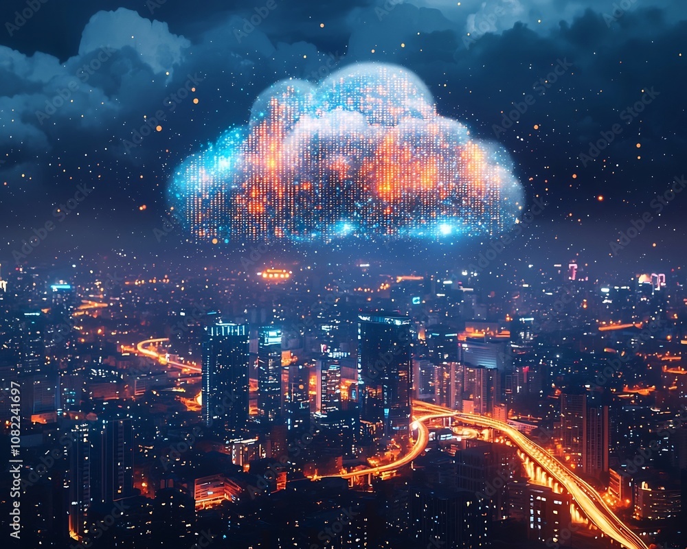 Poster ethereal cloud of data floating above glowing modern city with bridges connecting devices to cloud