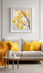 White Sofa with Yellow Pillows and Framed Autumn Leaves