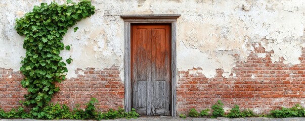 A rustic wooden door set against an aged brick wall, adorned with creeping ivy, evoking a sense of history and nature's embrace.