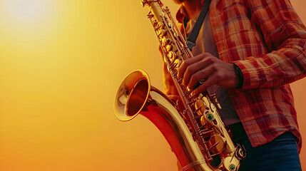 Obraz premium Golden Saxophone Player on Sunset Background - Illustration