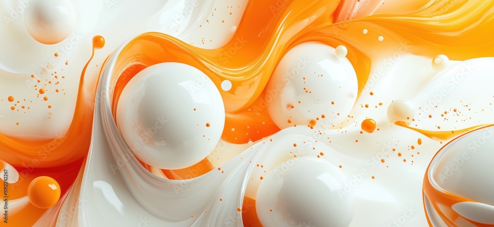 Poster abstract orange and white fluid design with spheres, swirling patterns, and splashes, creating a dyn