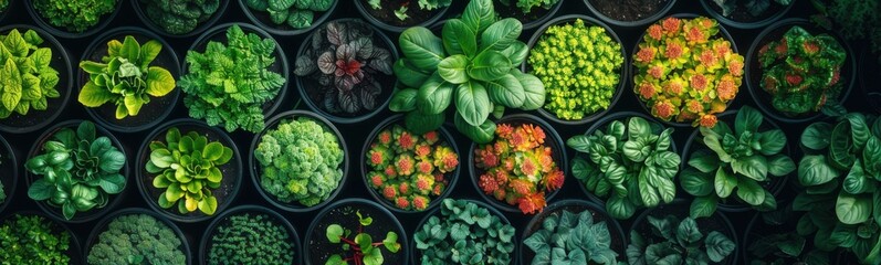 Many different types of plants in pots on the wall, food background, banner