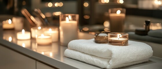 Cozy spa atmosphere with lit candles and soft towels.