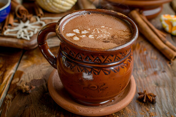 Traditional Mexican champurrado is served in a rustic magic clay mug. Peru. South America.Сoffee in a ceramic mug.Corn Chocolate Hot Drink with Cinnamon. 