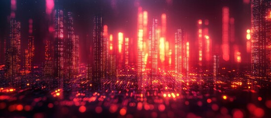 Futuristic city skyline at night with glowing red lights and blurred background.