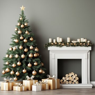 Decorated Christmas tree with presents under it, fireplace with candles and logs on the mantle, and green wall.