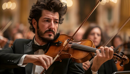 Violinist Performing with a Bow in a Concert Hall Photo
