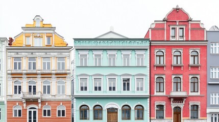 Fototapeta premium Colorful historic buildings in a row with intricate designs.