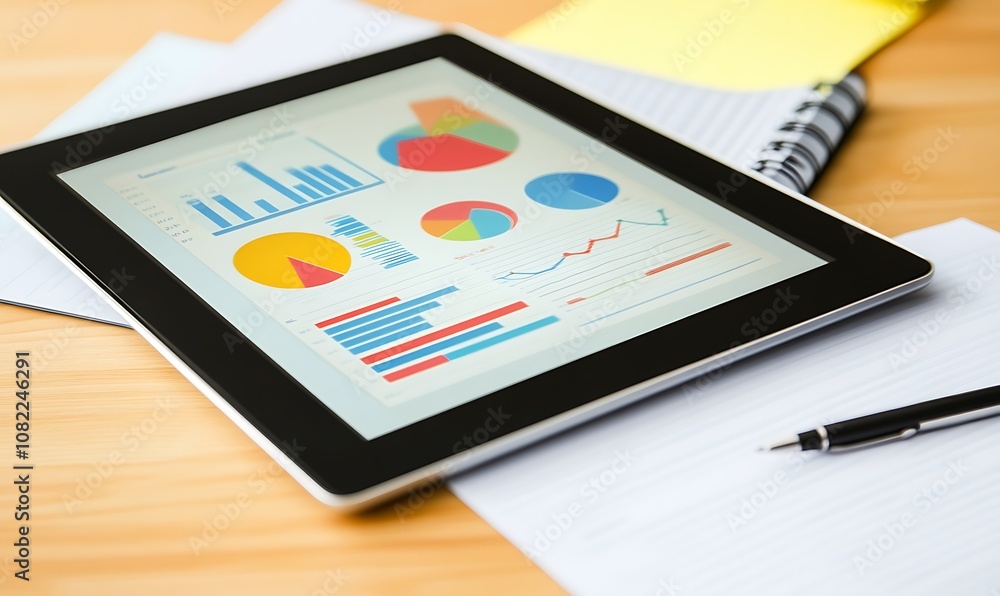 Poster a tablet displaying colorful data visualizations on a wooden desk.