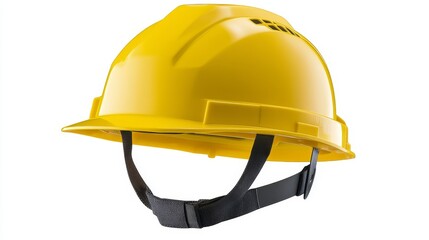 Fototapeta premium A yellow safety hard hat is isolated against a white background. It has a chin strap and is used to protect the head from injury.