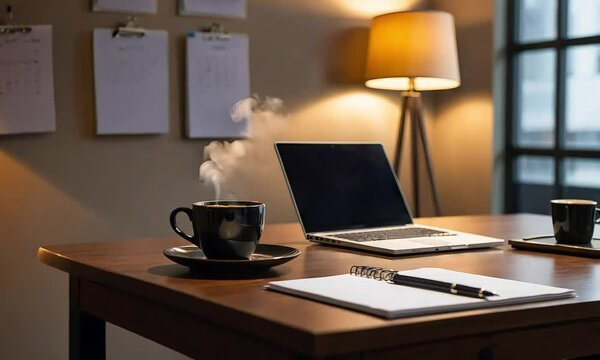 Clean and Modern Desk Setup with Laptop, Coffee Cup, and Notepad, Perfect for Business Themes in HD