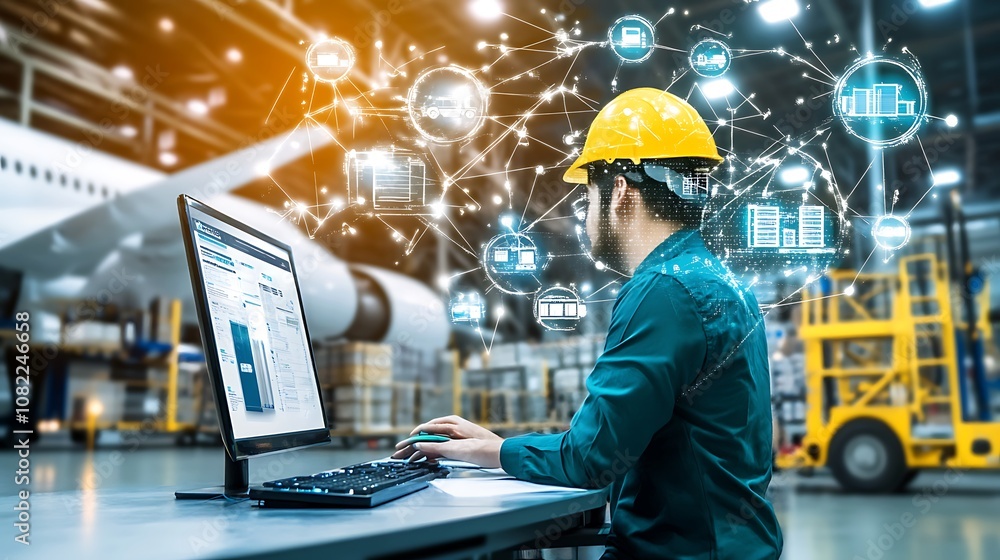 Poster a worker in an industrial setting uses a computer with digital data visualization.
