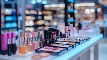 A display of colorful makeup products on a table in a store.