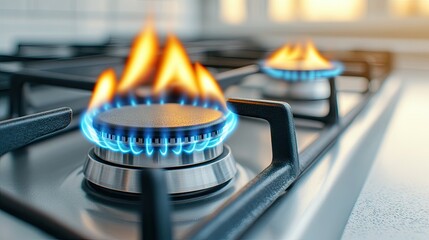 Captivating blue flames dance atop a sleek gas stove in a modern kitchen setting, highlighting culinary art in action