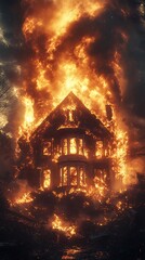 Dark night sky backdrop for fierce house fire consuming structure picture