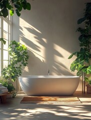 Fototapeta premium bathroom with freestanding bathtub and lush greenery. The interior is spacious and bright Bathroom in loft style.