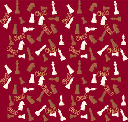 Vector seamless pattern with colorful chess pieces on burgundy background.