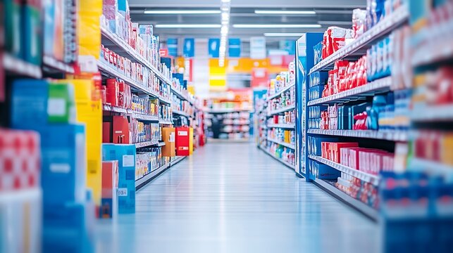 A brightly lit supermarket aisle filled with various products on shelves.