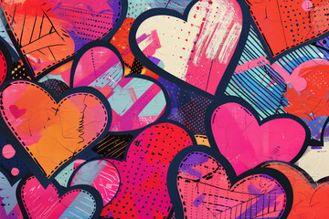 Colorful pop art collage with overlapping heart shapes in shades of pink, red, and blue for playful and love-themed designs.