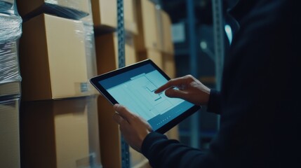 Modern Technology in Package Delivery: Courier Scanning Packages with Tablet at High-Tech Logistics Center - Showcasing Advanced Tracking Systems