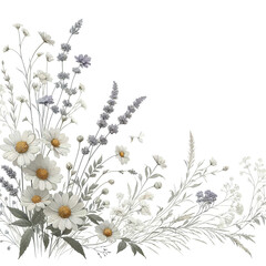 elegant border design showcasing dainty wildflowers, like daisies and lavender, with gently curling stems and small leaves vector